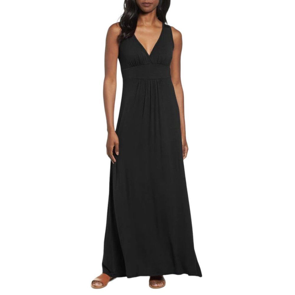 Loveappella Black V Neck Jersey Maxi Dress Size Petite Large NWOT